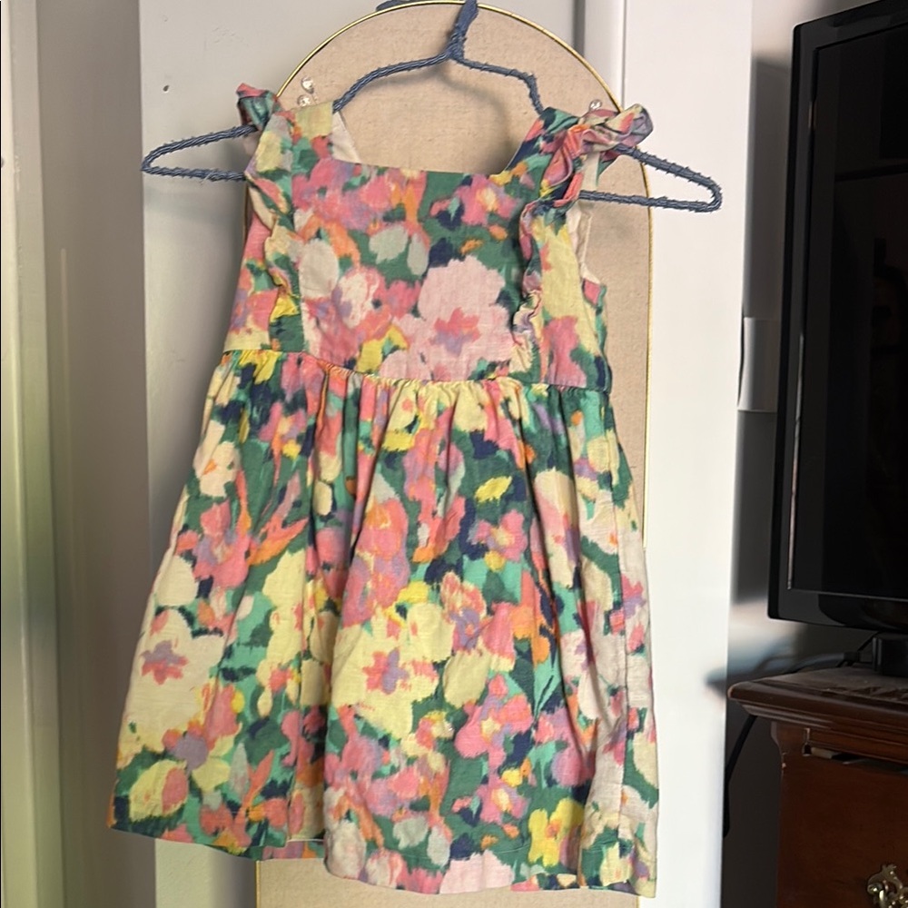 GAP kids 4T Pink and Yellow floral Sleeveless Sundress ruffles buttons linen